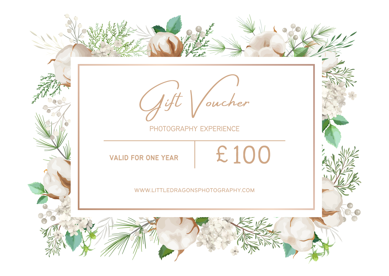 Elegant gift voucher template with delicate watercolor floral design in white, green and rose gold accents.
