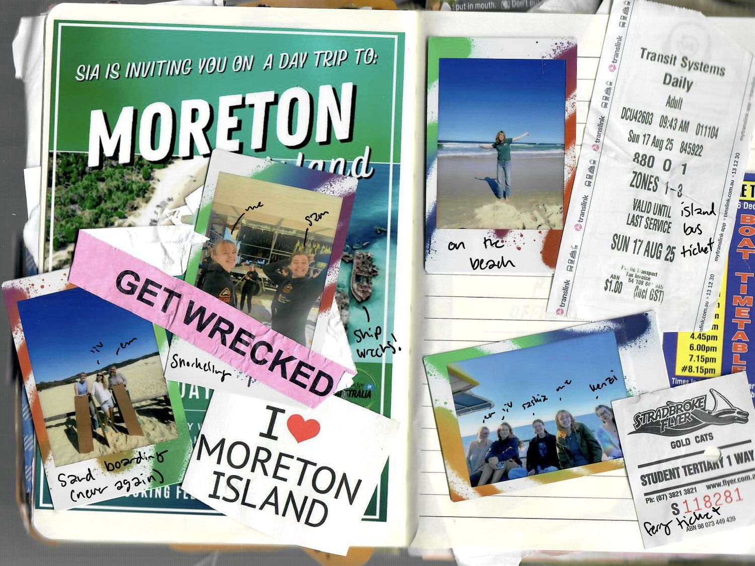 A collage of travel photos and tickets showing destinations, landmarks, and memorabilia arranged in a horizontal strip.