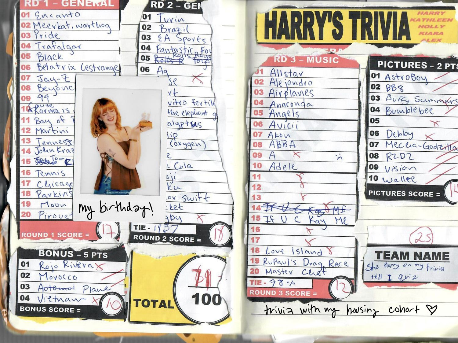 A collection of handwritten trivia score sheets and game cards arranged in a row showing various point totals and categories.