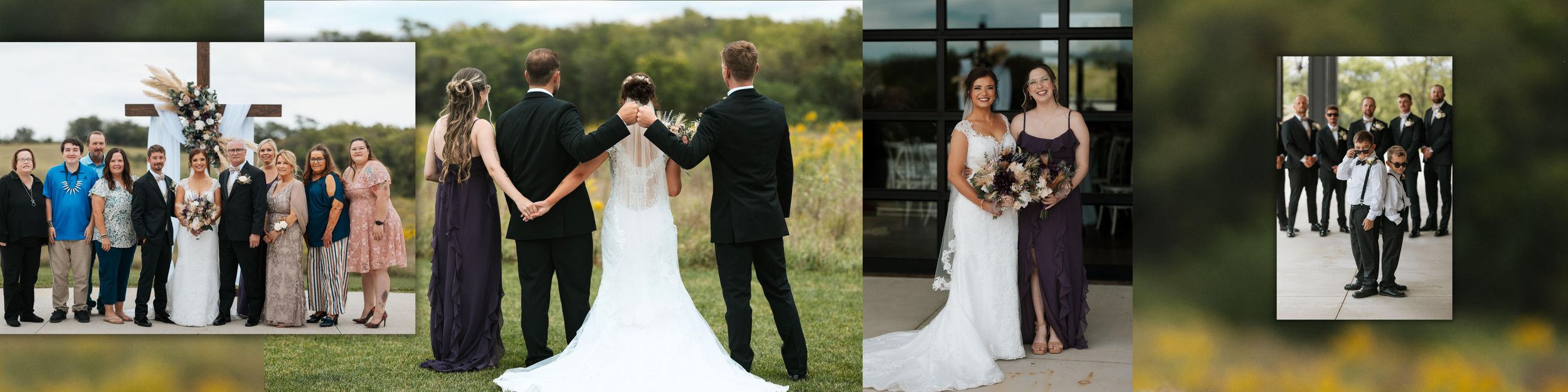 A collage of outdoor wedding photos showing ceremony and reception moments in a natural setting.