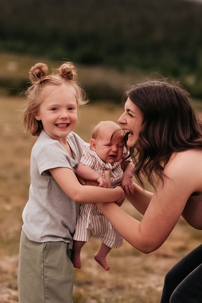 A playful sequence of candid family moments showing joyful interaction and laughter outdoors in natural lighting.