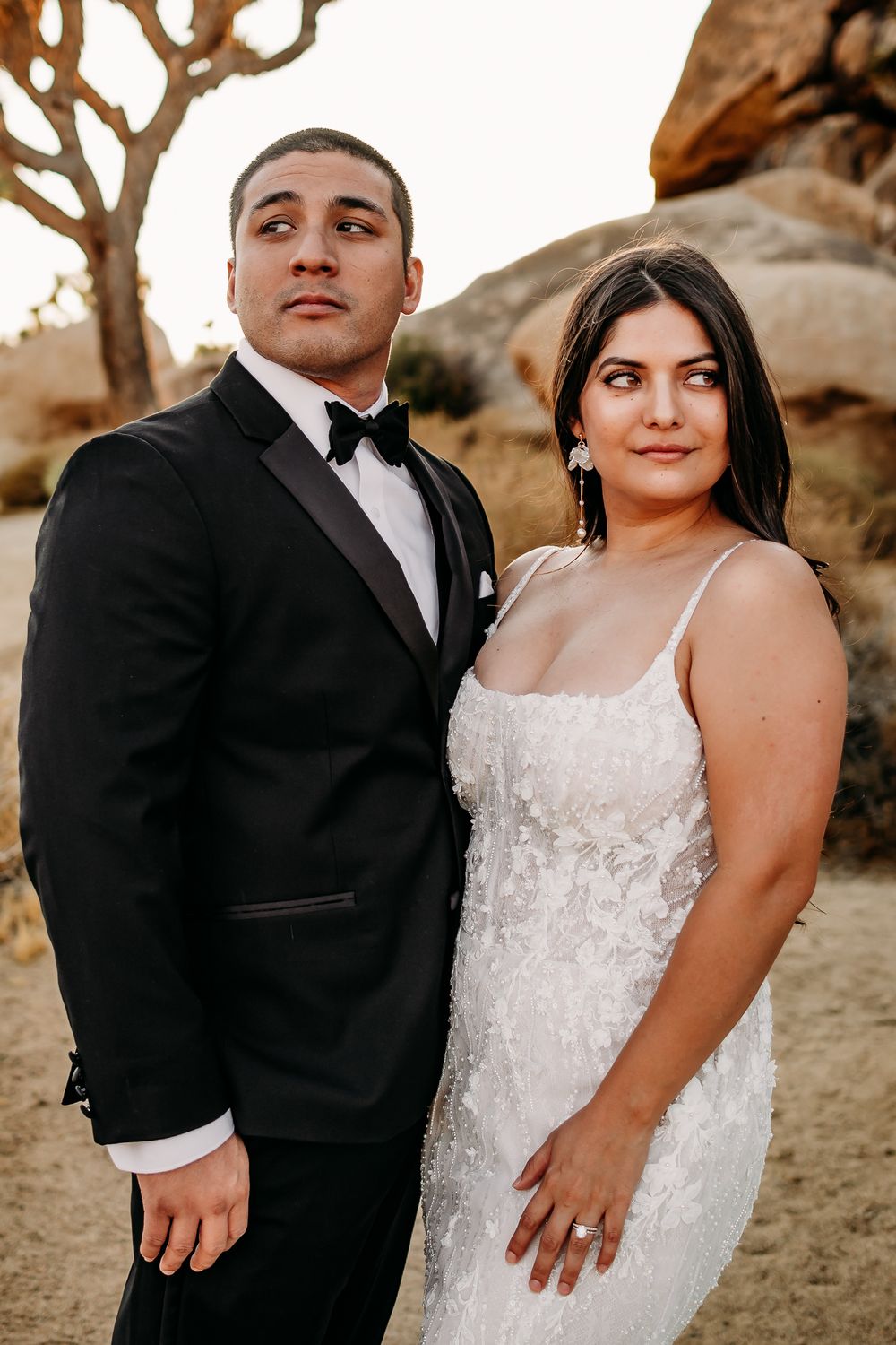 A romantic wedding couple poses against a desert landscape with Joshua trees at sunset.