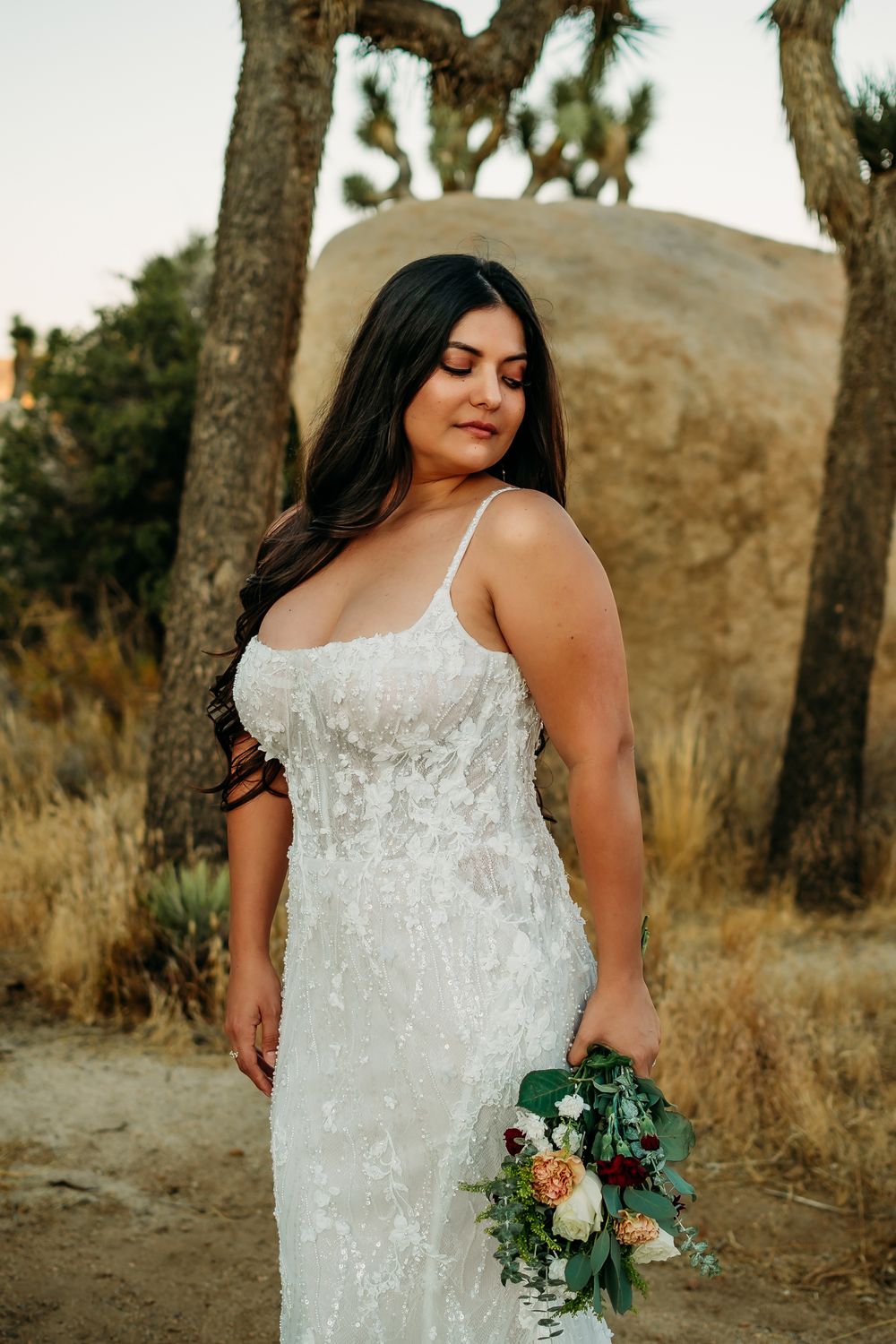 A stunning white lace wedding dress with spaghetti straps photographed against a natural desert landscape.