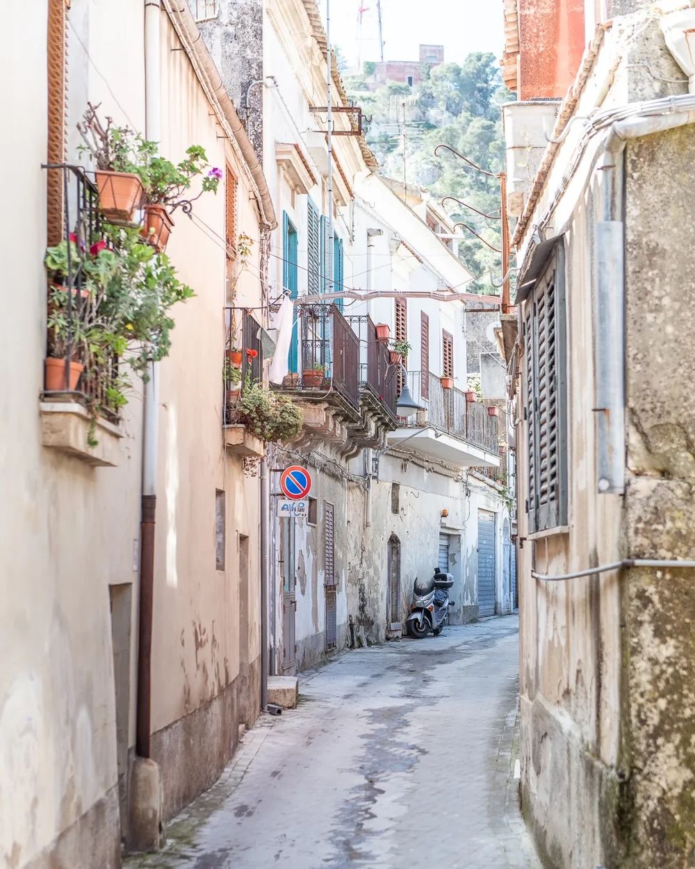 A sunlit narrow street lined with balconies, hanging plants, and old stone buildings.