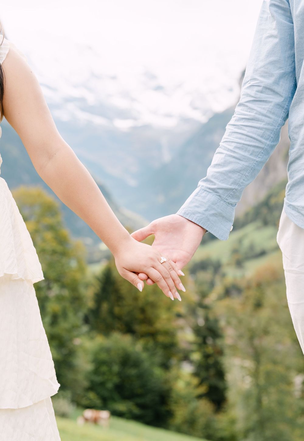 Two people hold hands against a backdrop of majestic mountain scenery and green alpine meadows.