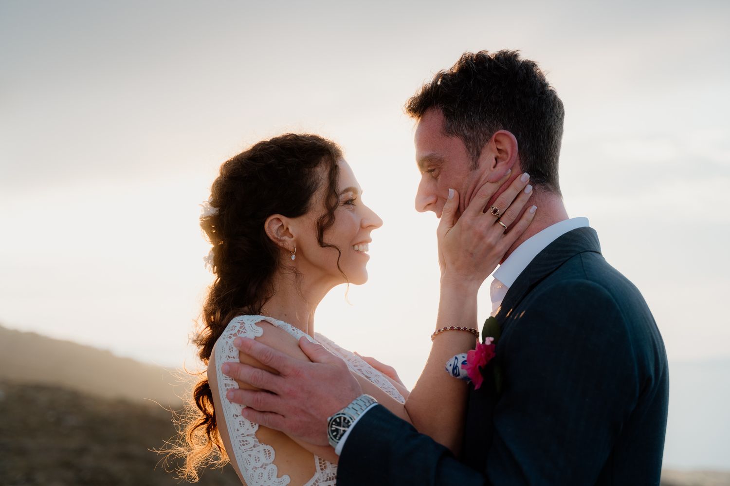 An intimate portrait of a bride and groom after their wedding in Sifnos Serifos Greece