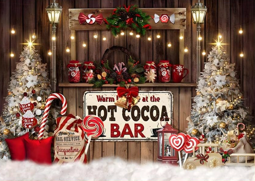 Festive hot cocoa station display with white mug, candy canes, Christmas trees and twinkling lights in rustic setting.