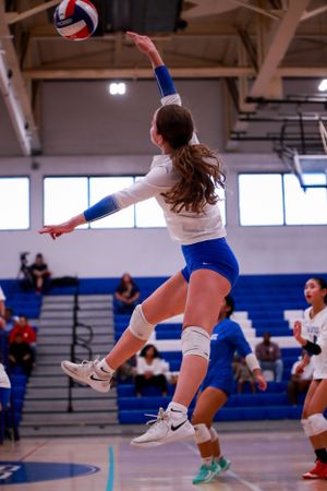Volleyball players leap and dive to save the ball during an intense indoor match in a blue-walled gymnasium.