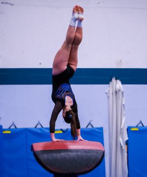 Gymnast performs a handstand on a mushroom training apparatus during practice.