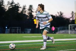 Field hockey player in striped uniform dribbles the ball across the field during sunset.