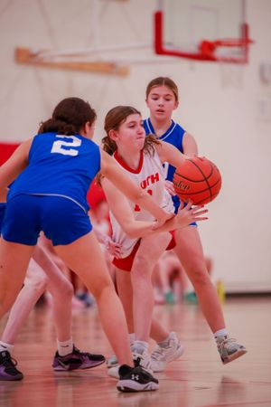 Players battle for control of the basketball in a competitive match between blue and white teams.
