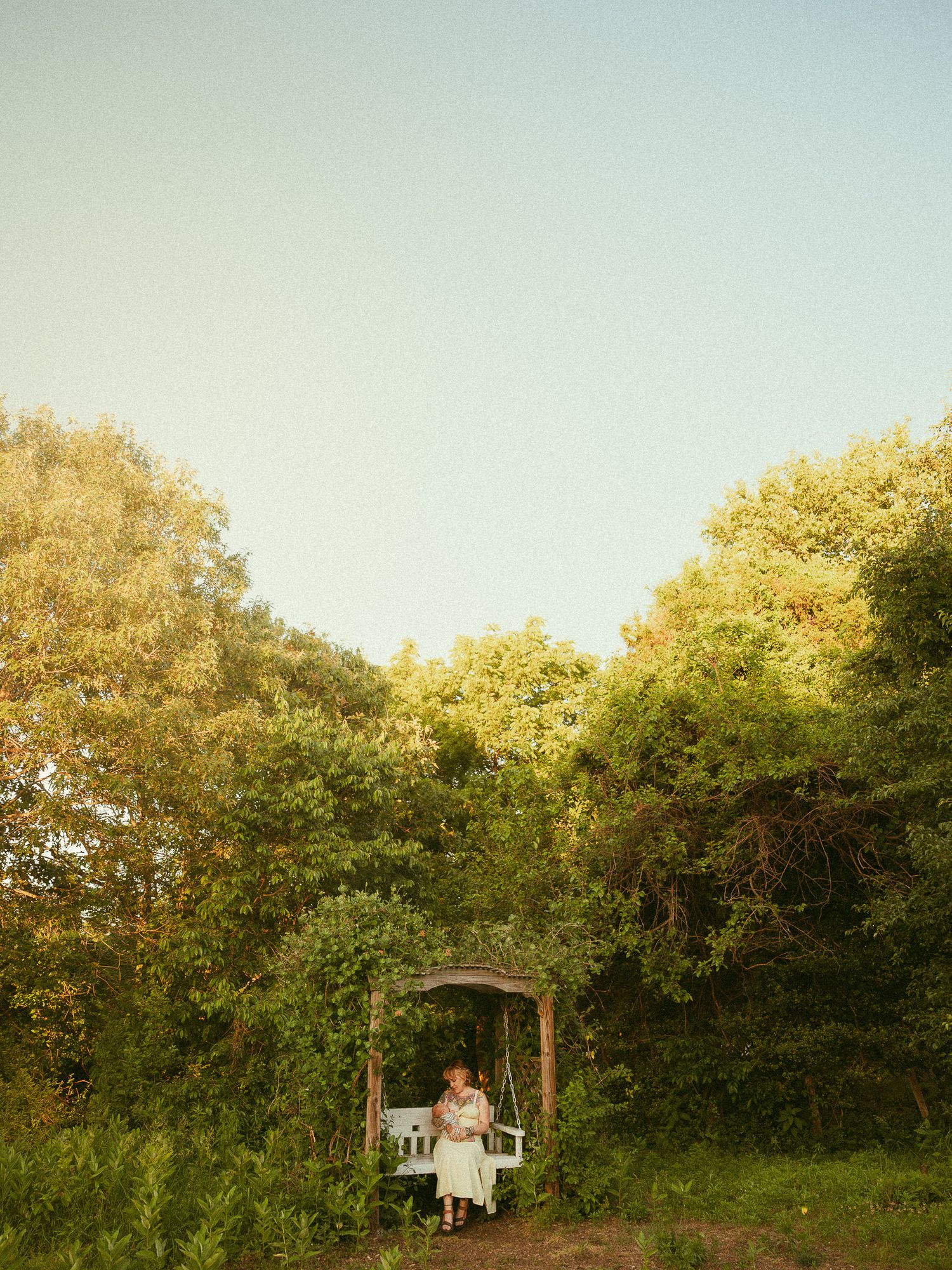 A woman in a white dress sits on a garden swing beneath a rustic arbor, surrounded by lush green trees in warm golden light.
