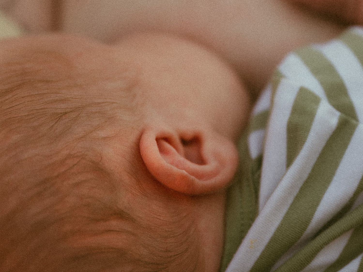 Close-up of a newborn baby's tiny ear and soft skin while being held, capturing the delicate details of a newborn.
