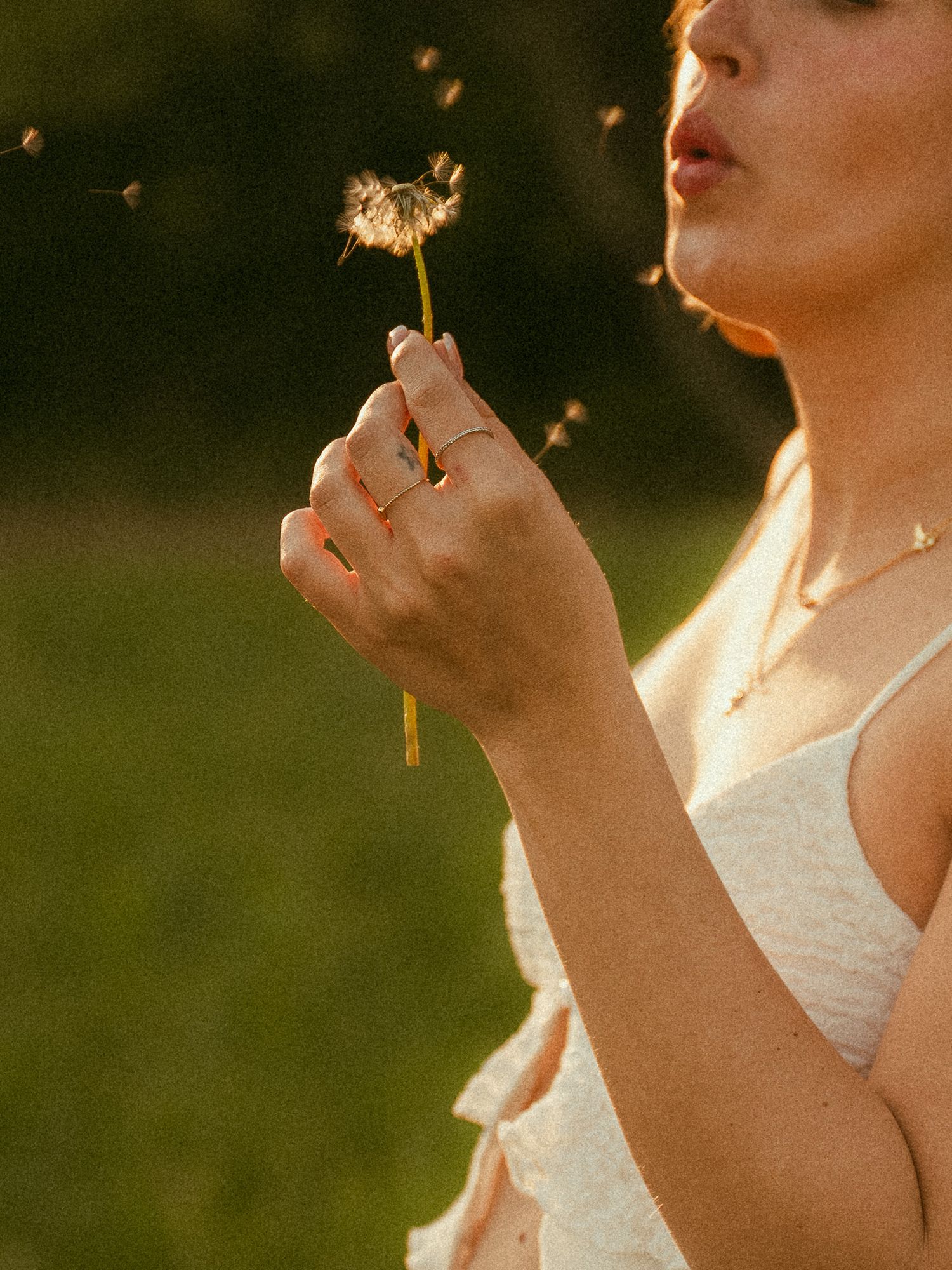 Woman in white dress blowing dandelion seeds in golden sunlight, wearing delicate gold rings and necklace.