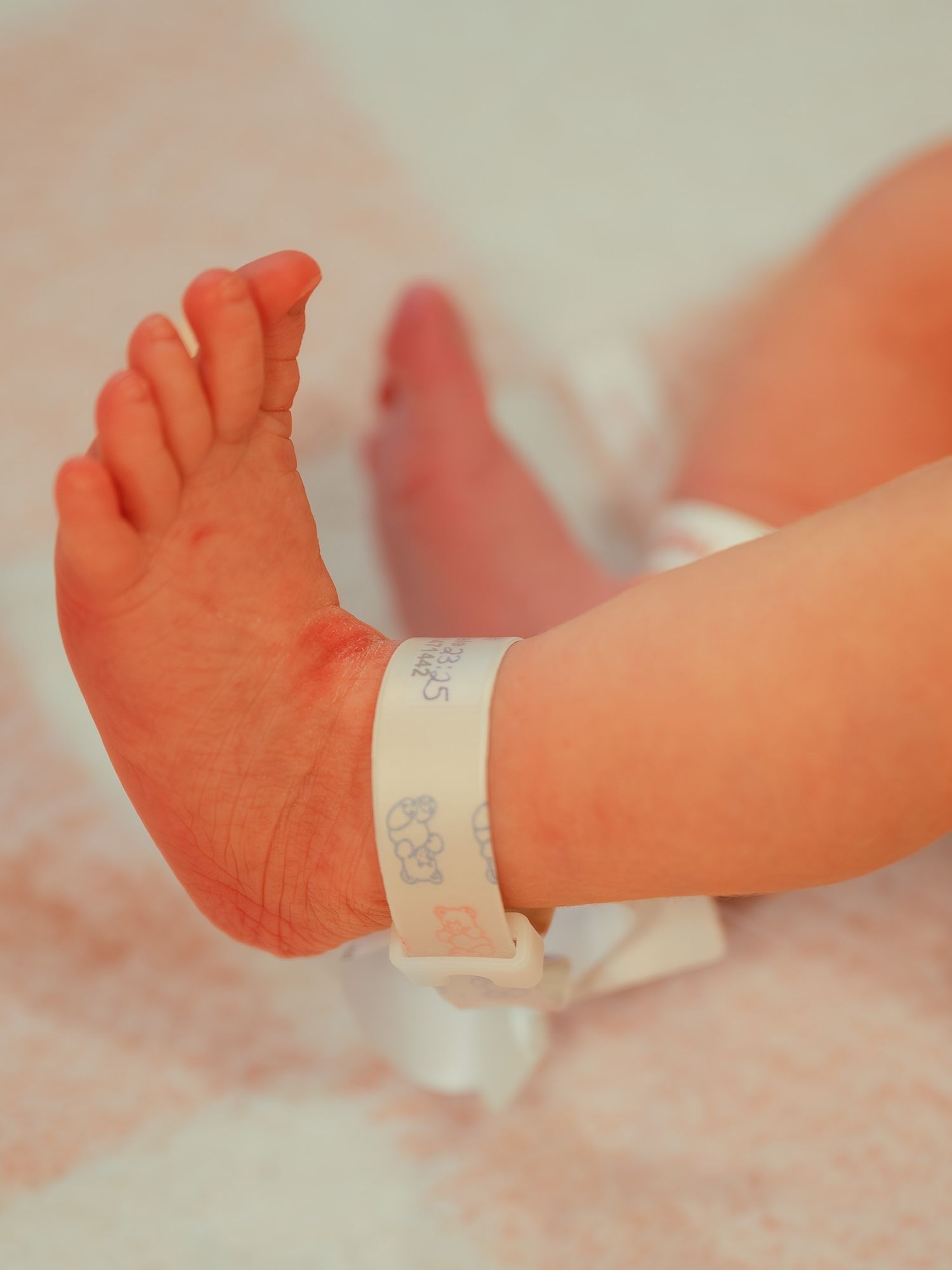 Close-up of newborn baby feet with hospital identification bracelet on pink blanket.