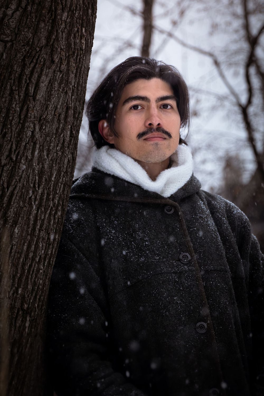 A series of moody winter portraits against bare trees with falling snow in the background.