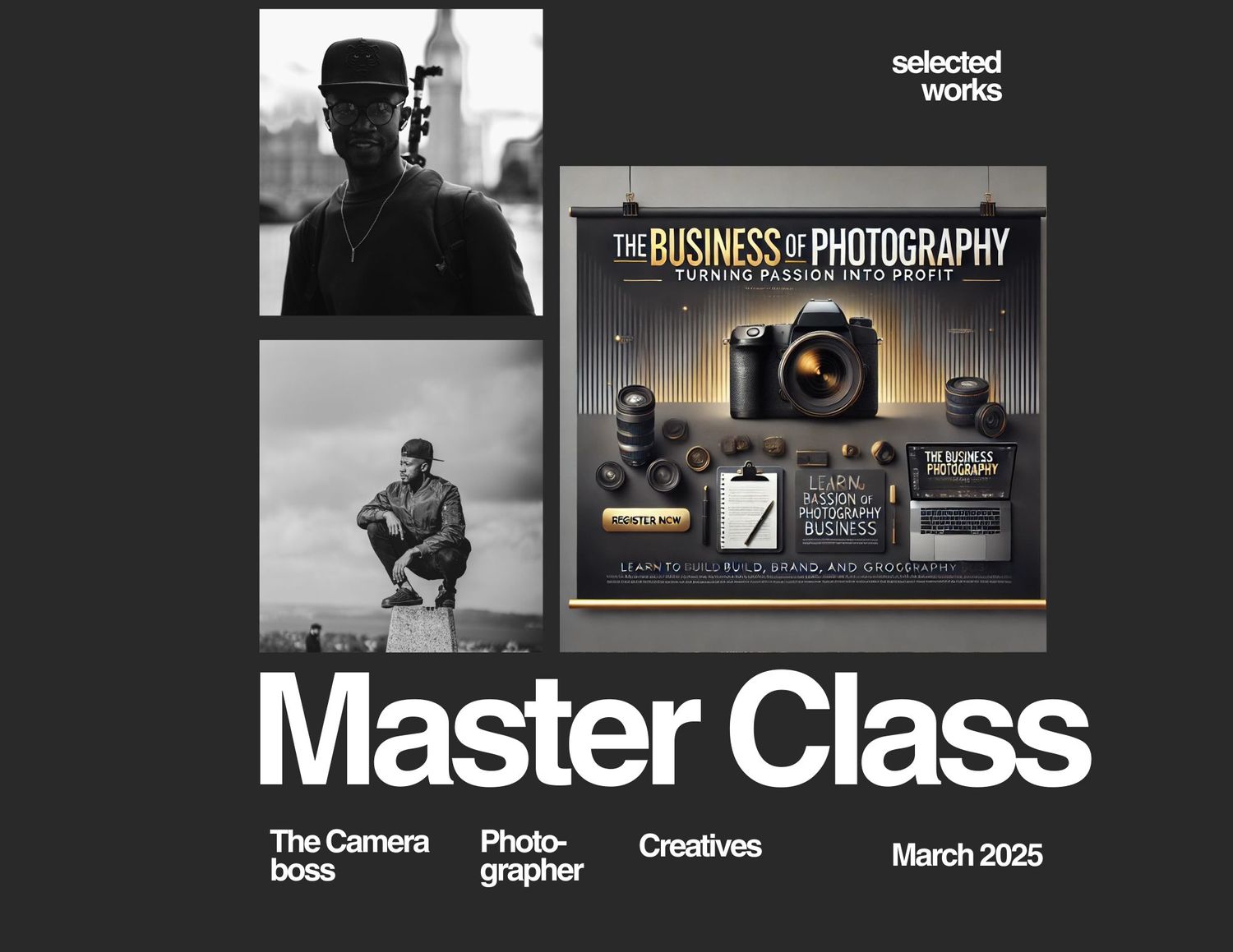 A collection of black and white photography masterclass materials showing camera tools and business resources.