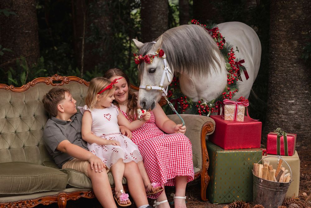 A decorated pony visits people seated on a vintage couch with wrapped presents nearby.