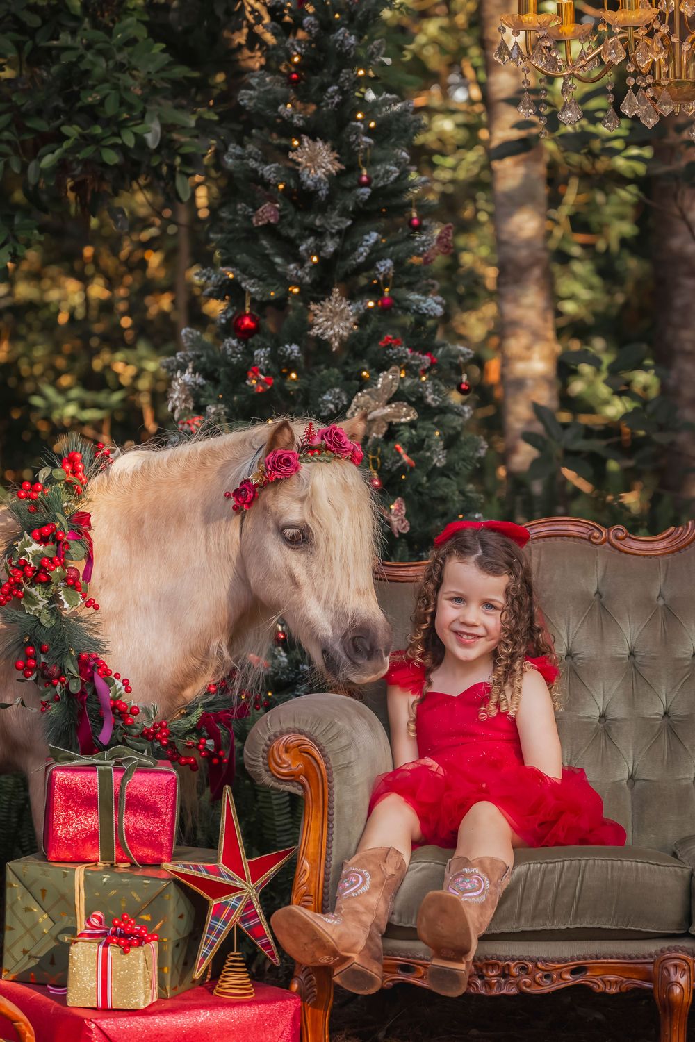 Christmas themed photo with white pony and holiday decorations on vintage couch.