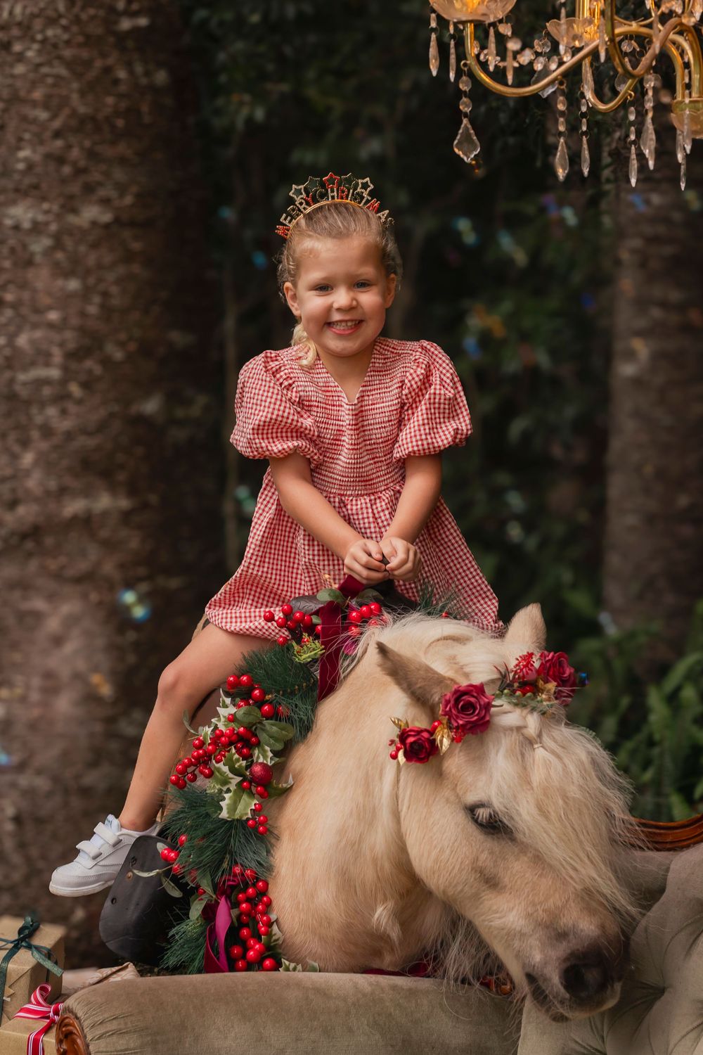 A pony decorated with red roses and a child in a red gingham dress pose under a crystal chandelier.