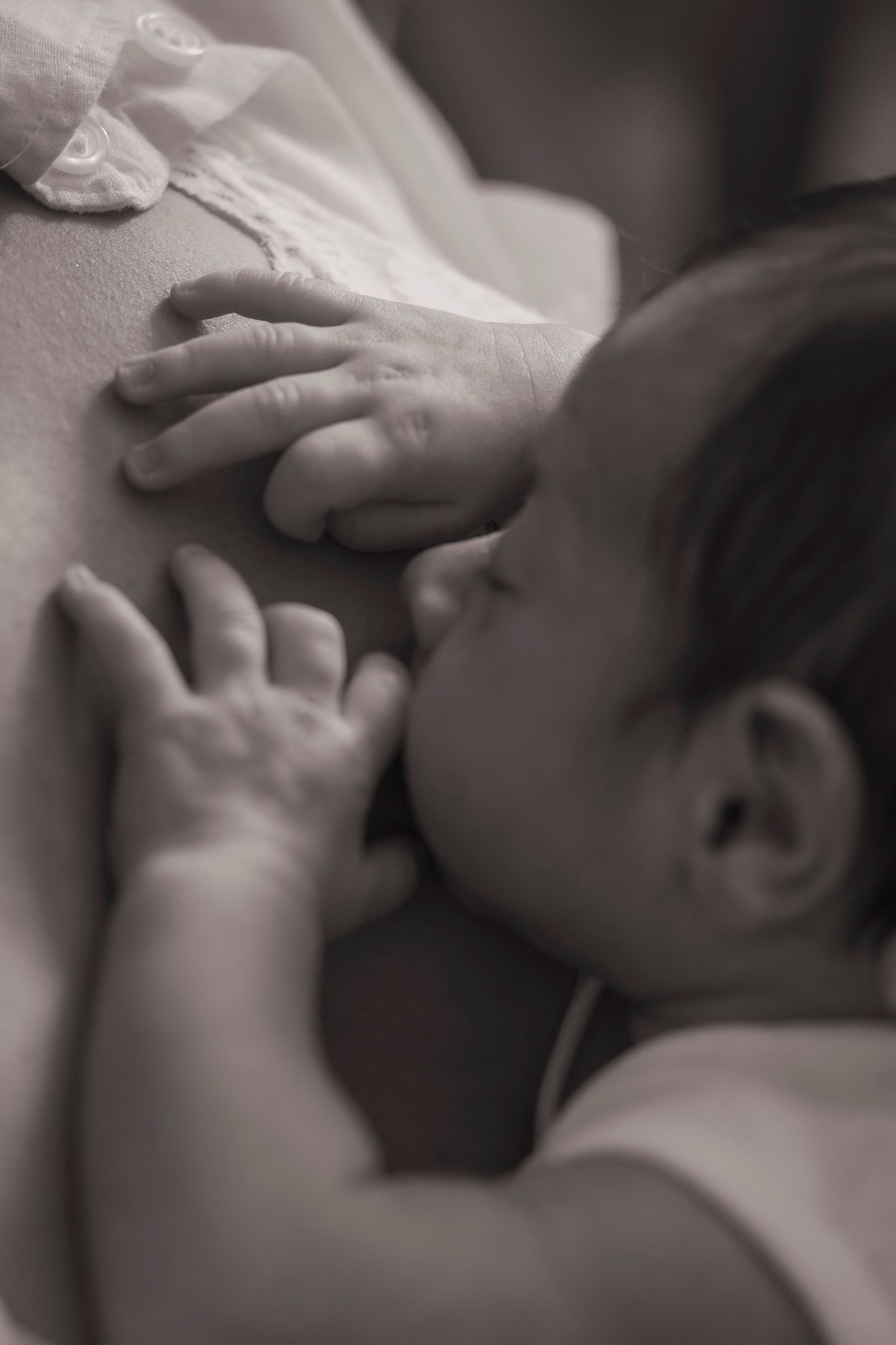 Newborn photography session. Gentle black and white photograph showing tender care and connection.