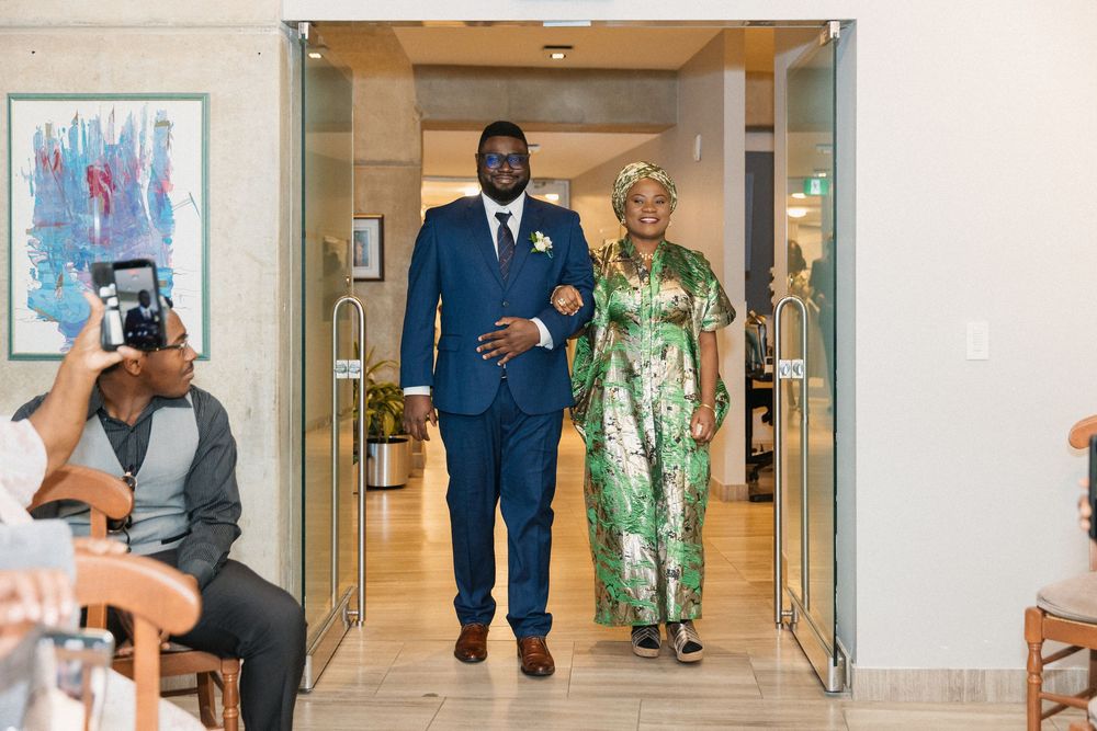 A series of wedding photos showing a couple walking down a bright hallway in formal attire.