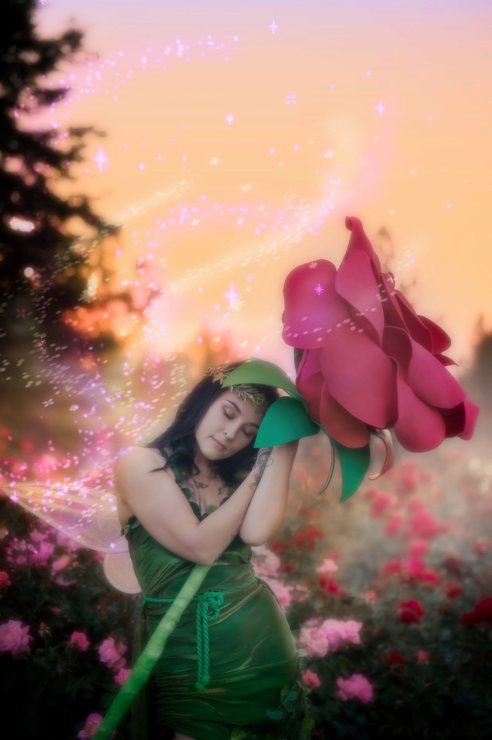 Dreamy fantasy photoshoot with a rose prop during golden hour in the Rose Garden At Manito Park in Spokane Washington.