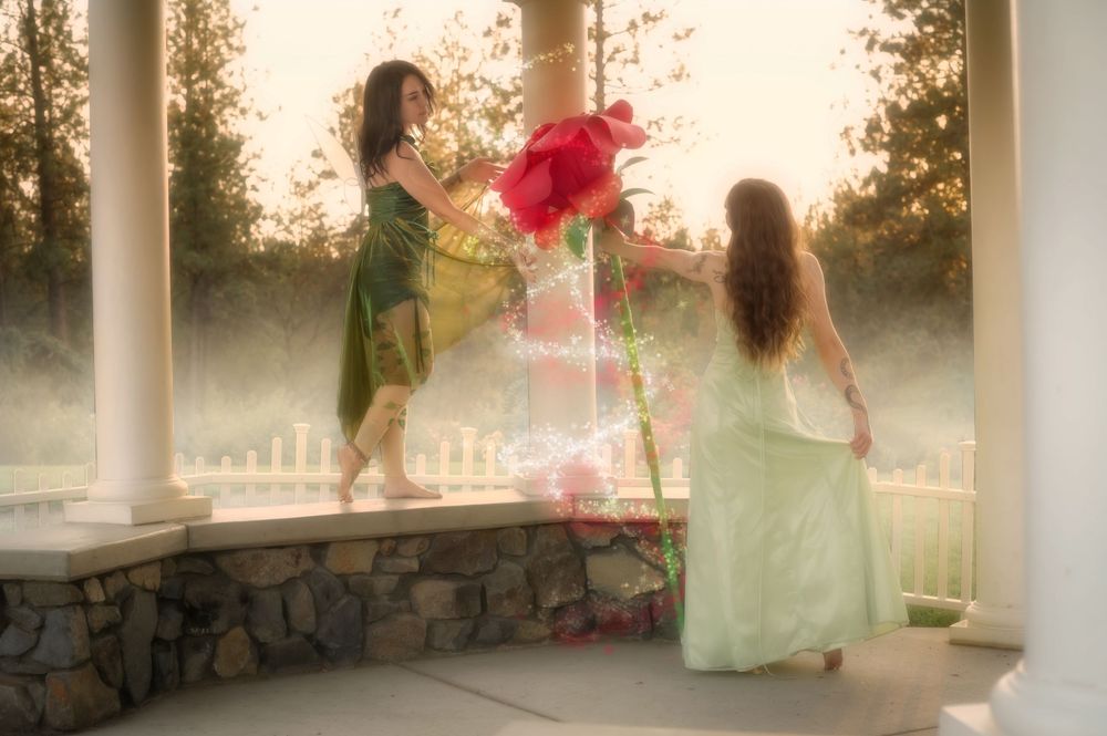 Dreamy fantasy photoshoot with a rose prop during golden hour in the Rose Garden At Manito Park in Spokane Washington.