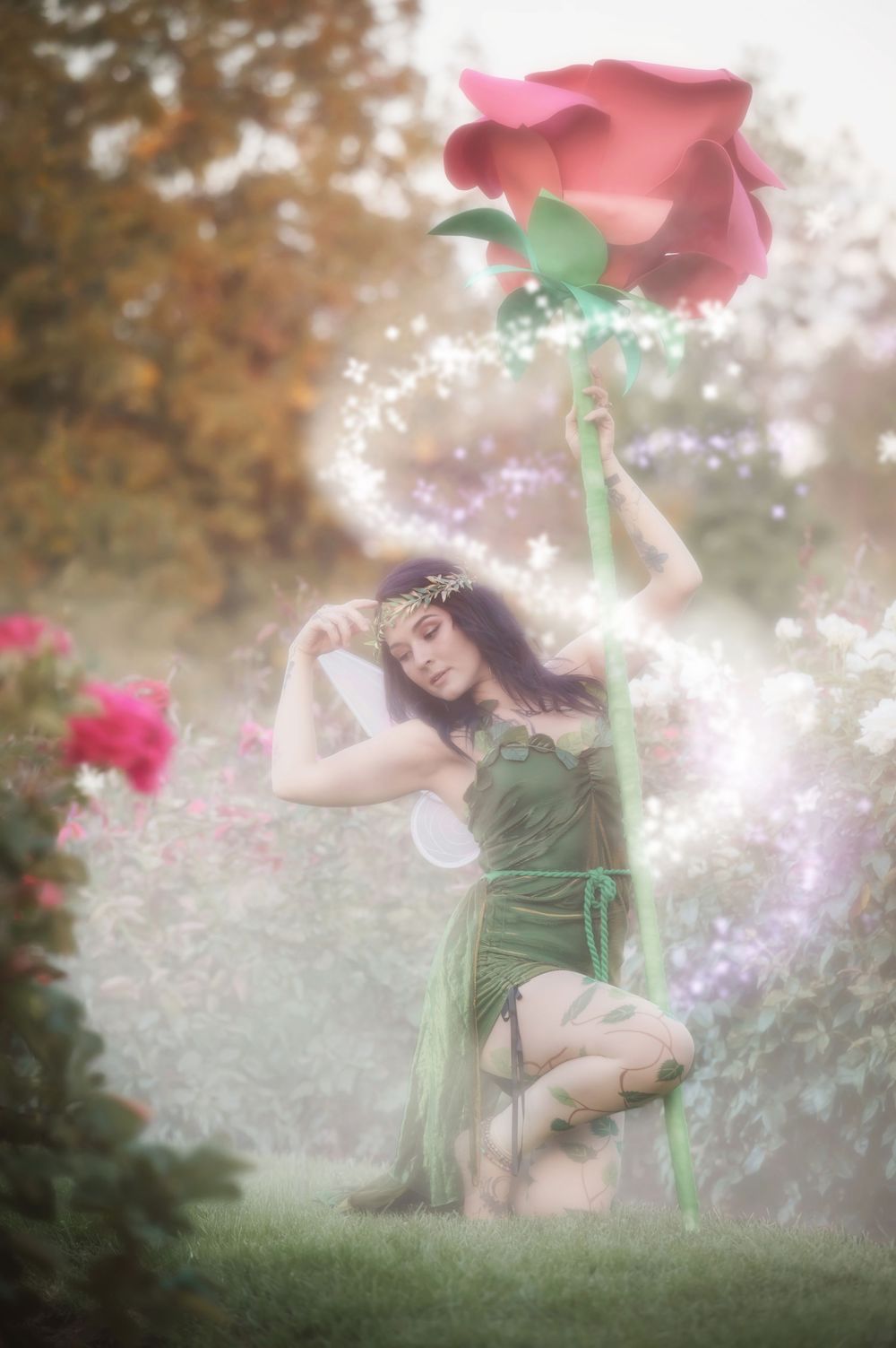 Dreamy fantasy photoshoot with a rose prop during golden hour in the Rose Garden At Manito Park in Spokane Washington.
