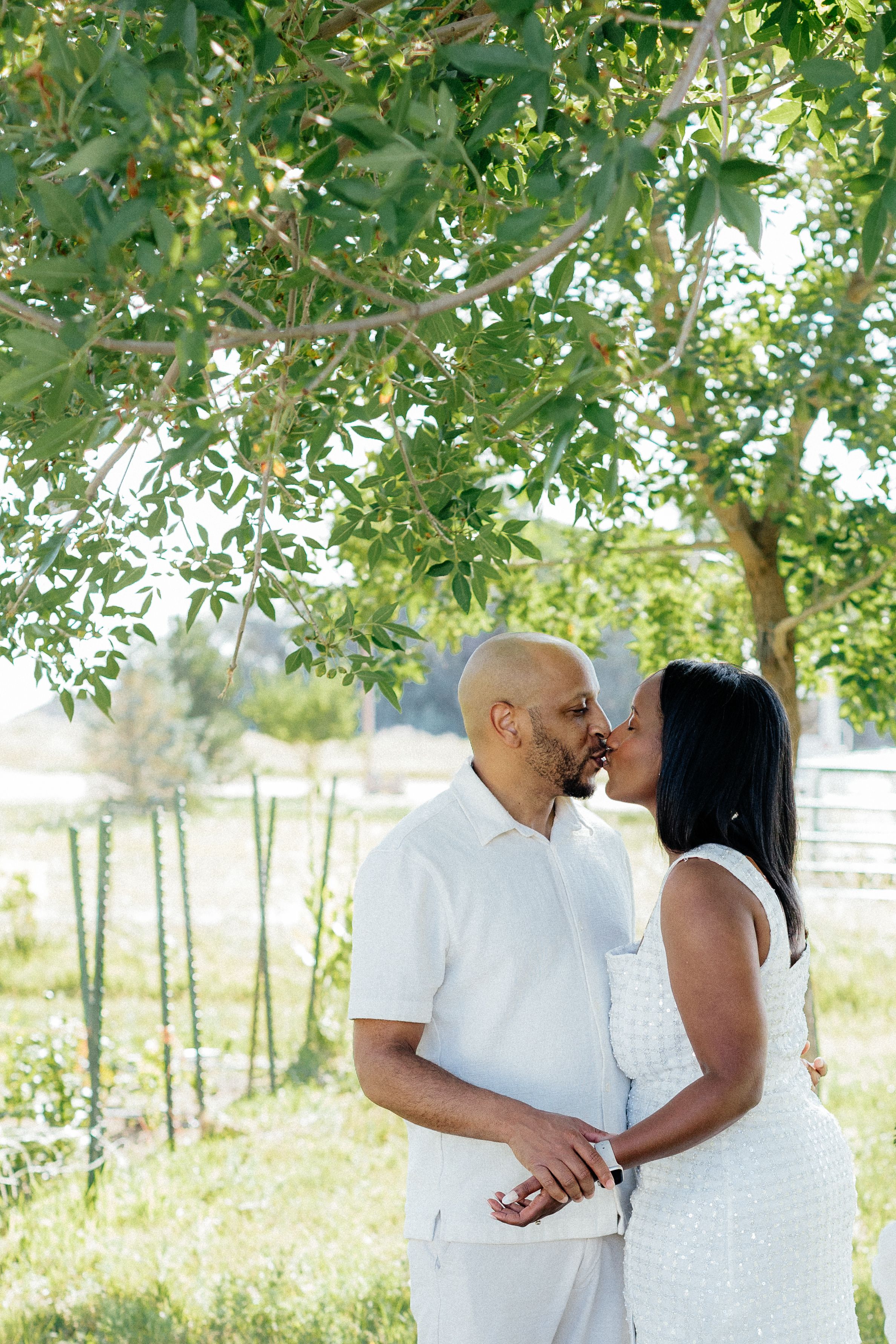 A couple dressed in white shares a romantic kiss under a lush green tree outdoors on a sunny day.