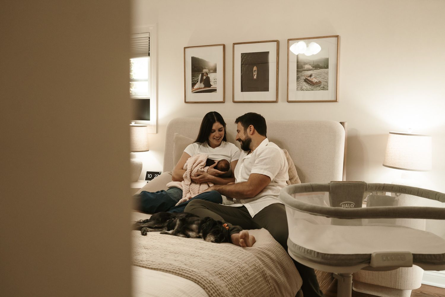 A series of lifestyle photos showing cozy indoor moments in warm sepia tones of family with a newborn