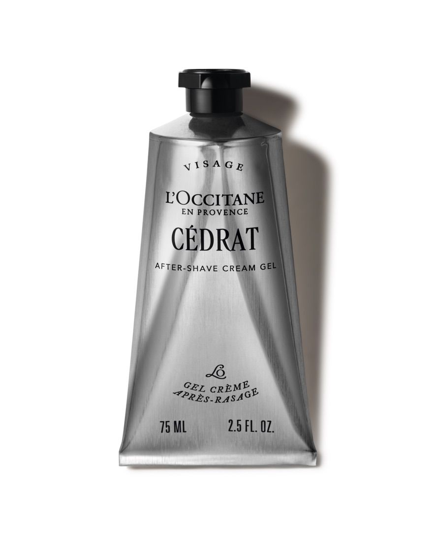 Three silver tubes of L'Occitane Cedrat after-shave cream displayed in a minimalist arrangement against white background.