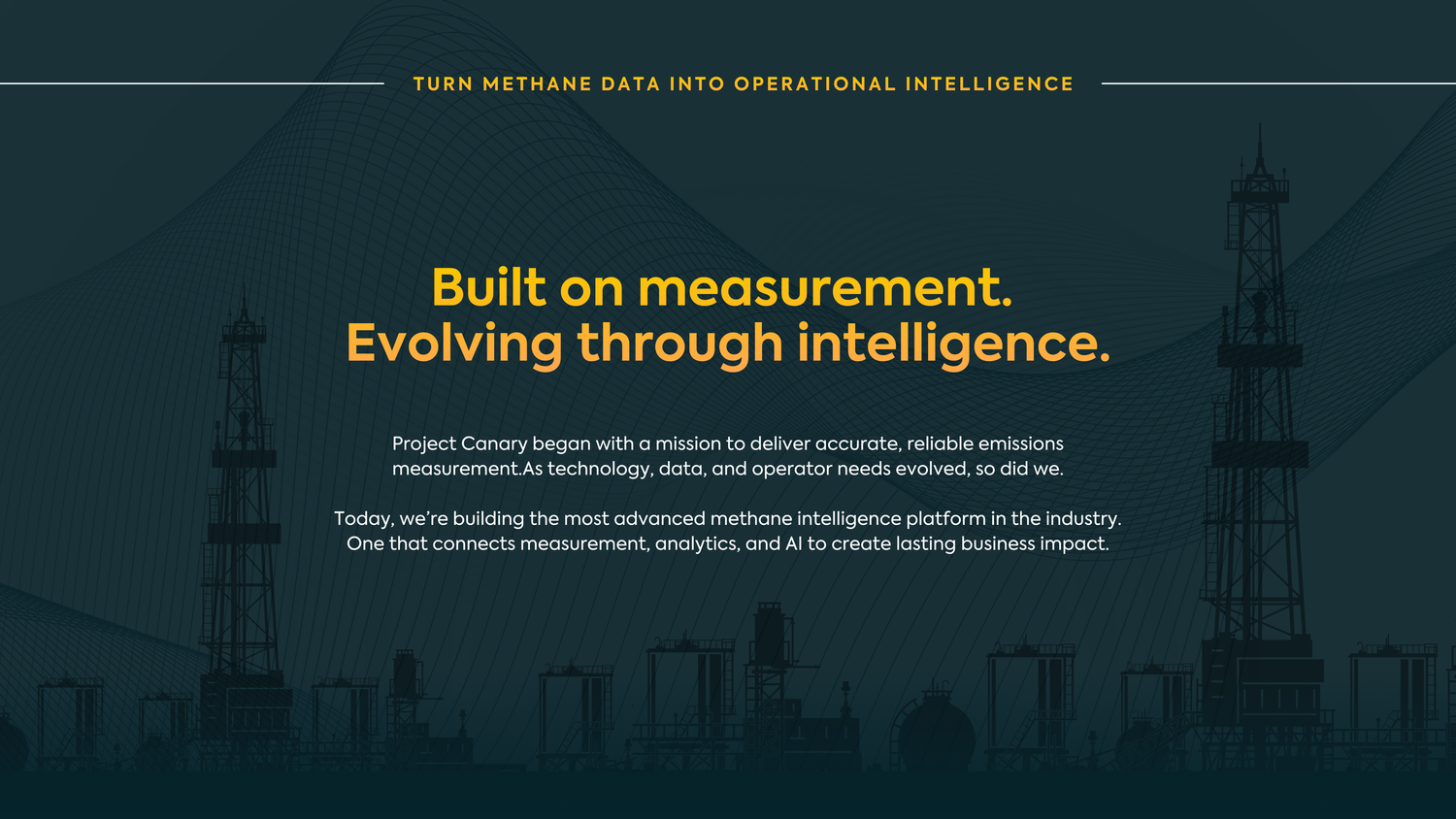 A dark blue website header with text about measurement and intelligence featuring an industrial background.