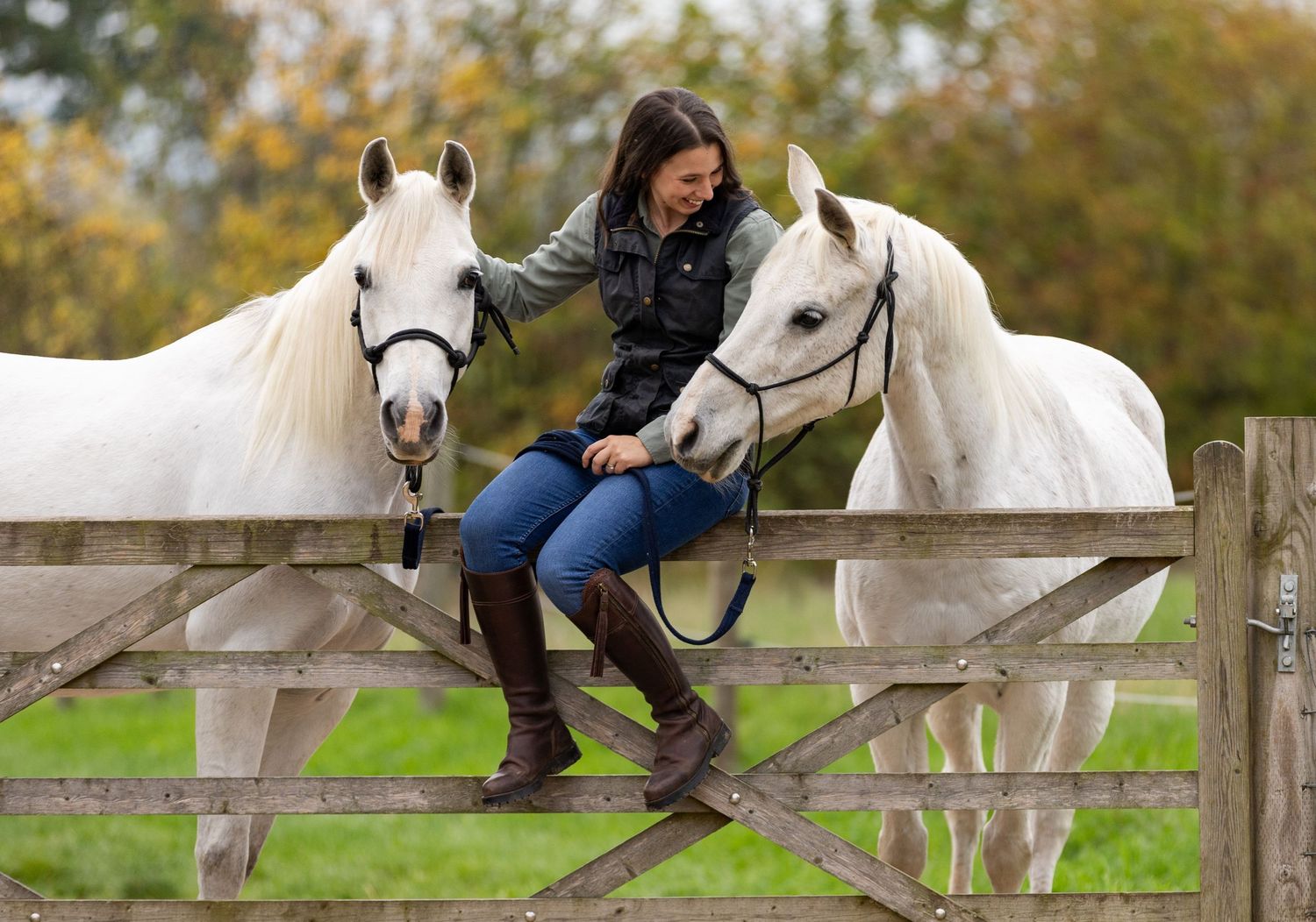 A beautiful black and white paint horse stands with a person on a sunny autumn day outdoors.