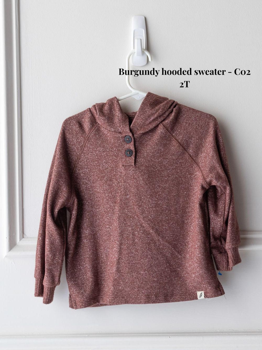 Brown heathered hooded sweater for toddlers displayed on white wall.