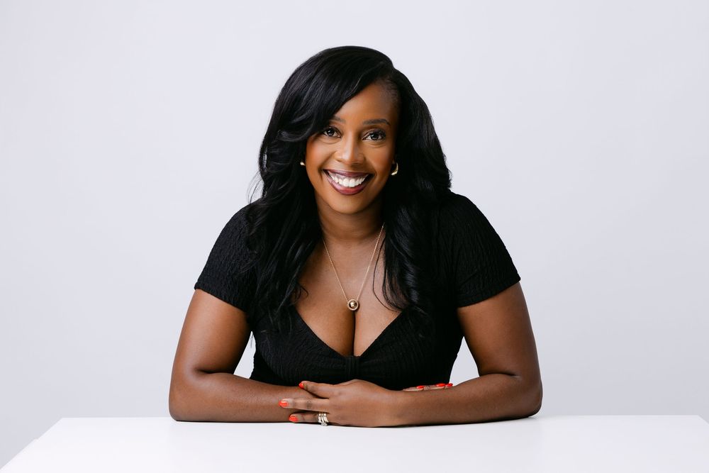 Professional headshot series showing a person in black against a white background.