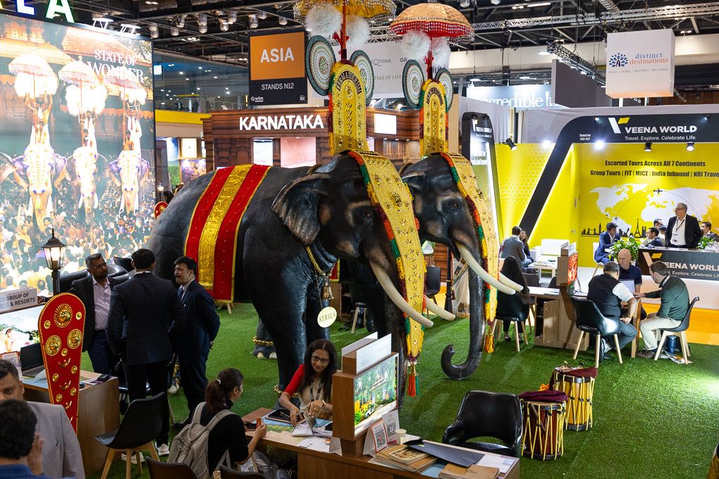 Two large elephant statues at an exhibitor at the 2025 WTM at the ExCel in London.