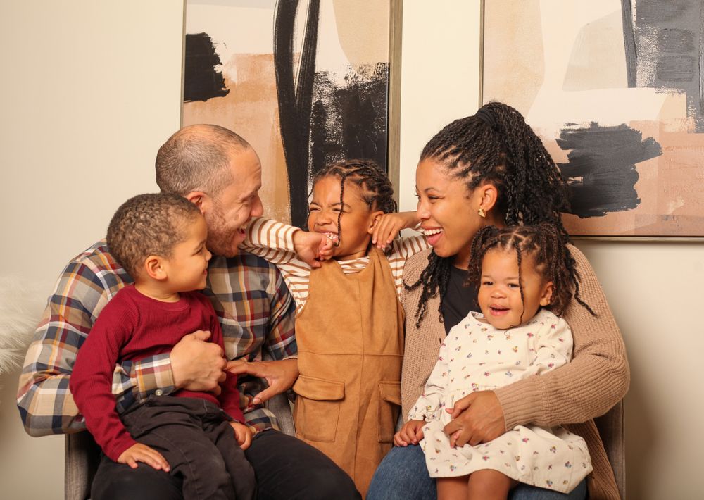 Candid family moments are captured in a series of connected photos showing natural interactions and smiles.