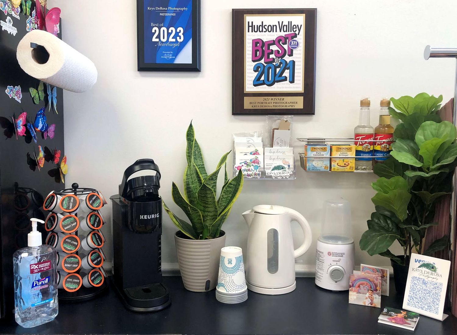 Our full service portrait studio has a complementary coffee and tea bar for your comfort during sessions.