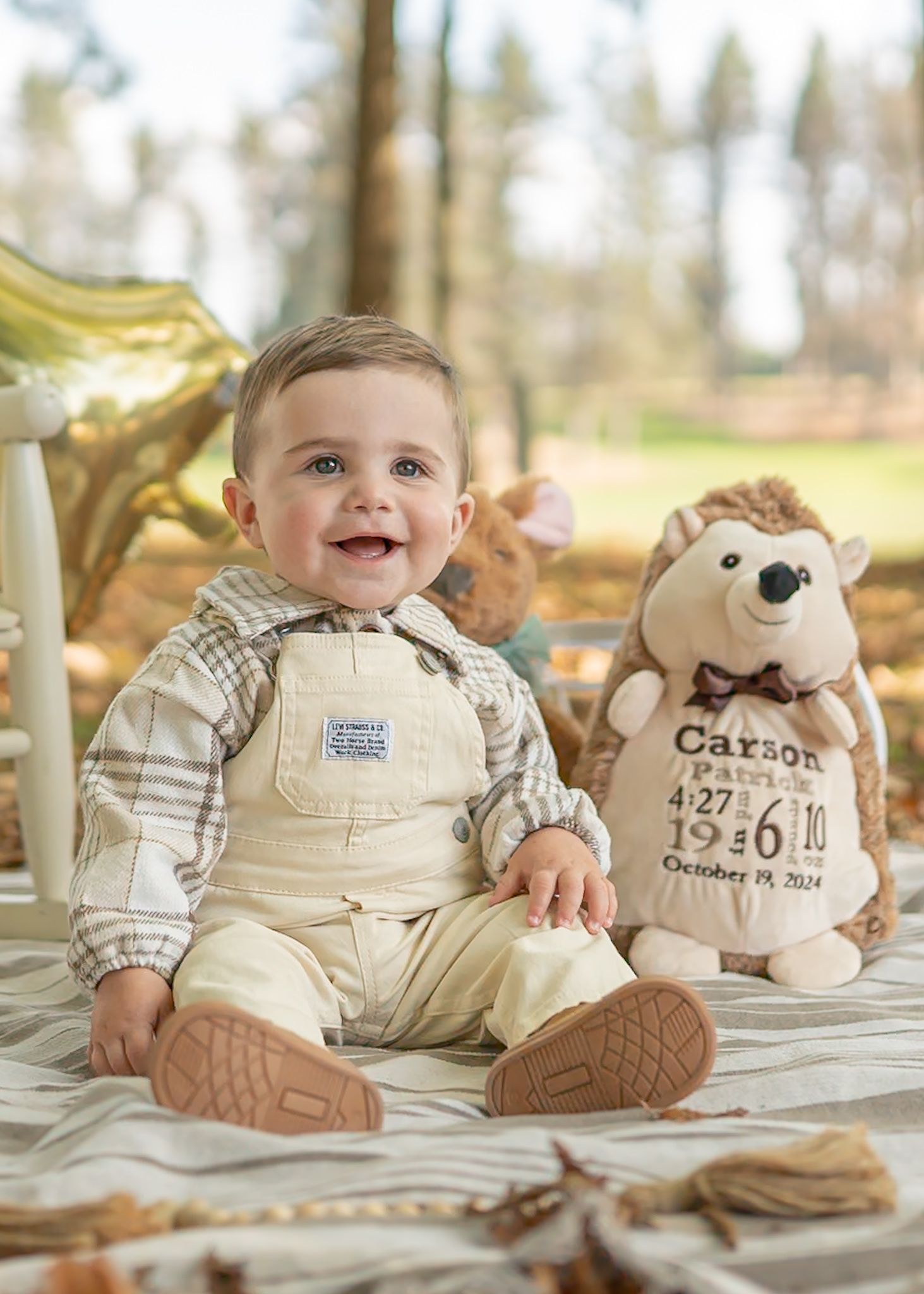 Baby photography session with plush teddy bear and personalized decorations on white blanket outdoors.