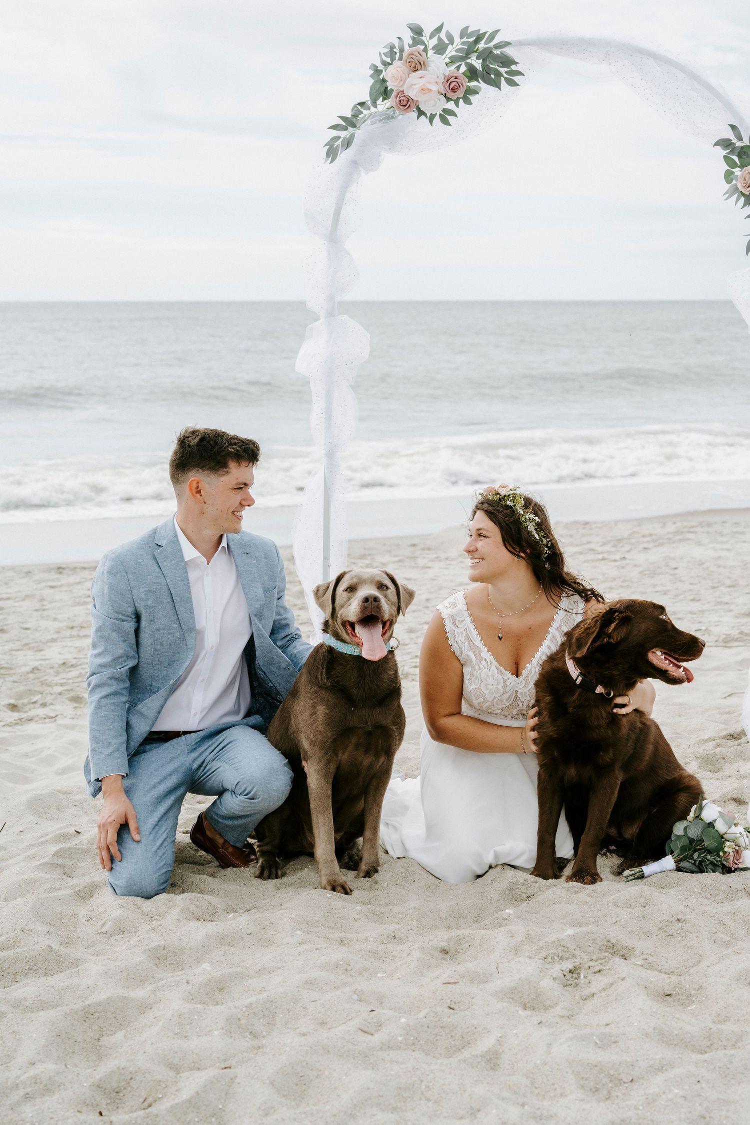Newlyweds sit on beach with their two chocolate Labrador dogs during wedding photos.