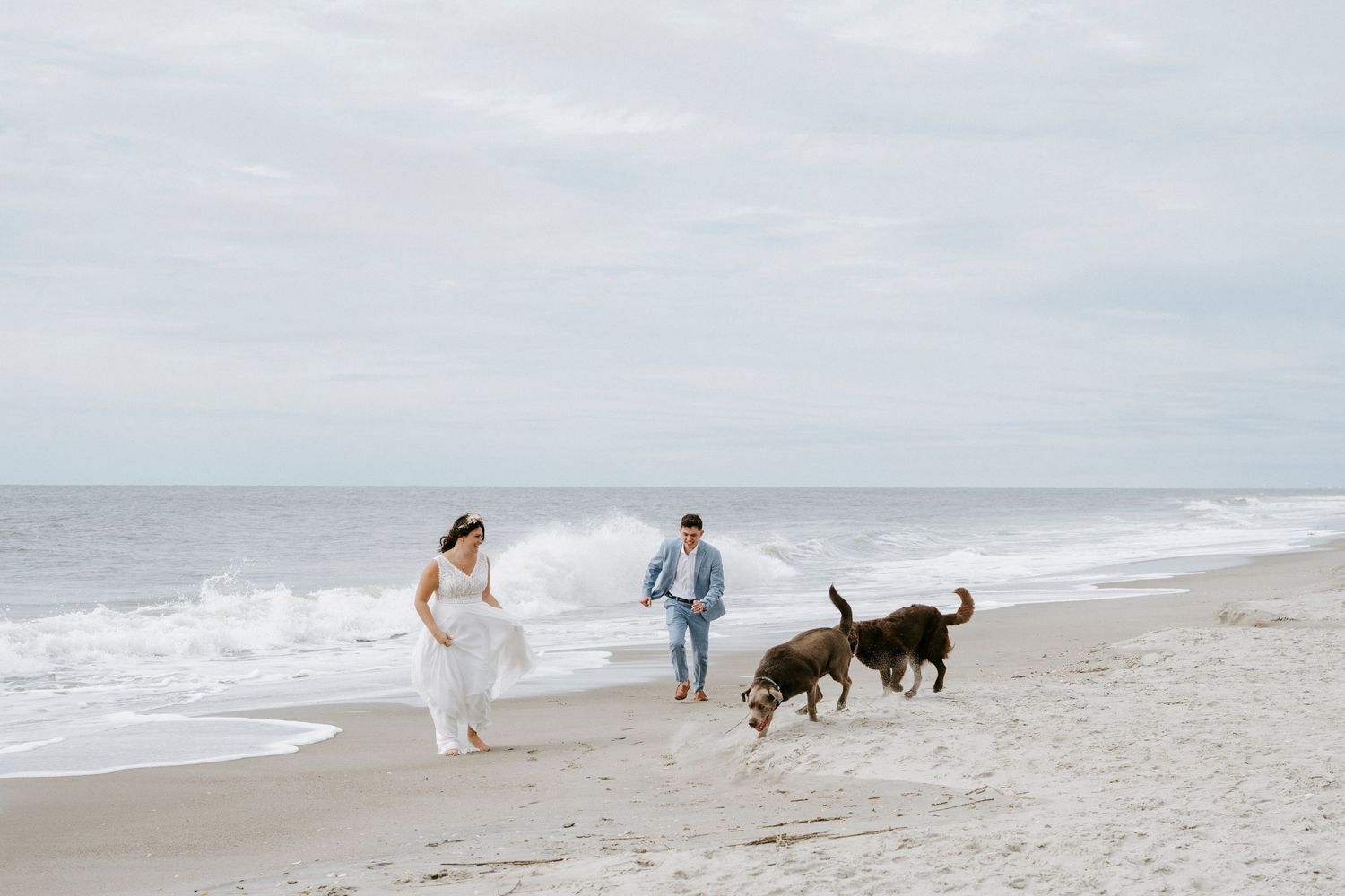 Couple strolling on a serene beach with dogs running by the ocean waves.