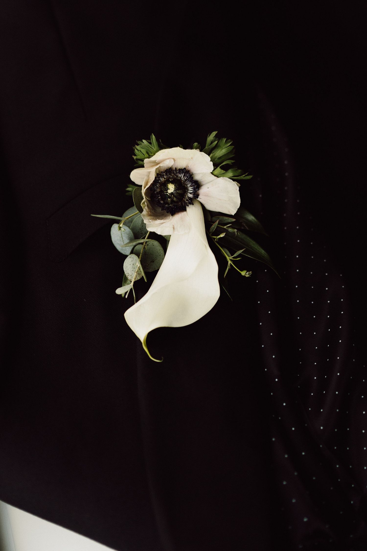 White calla lily boutonniere with eucalyptus leaves against dark background.