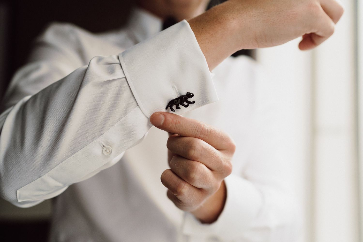 Close-up details of someone adjusting formal white shirt cuffs.