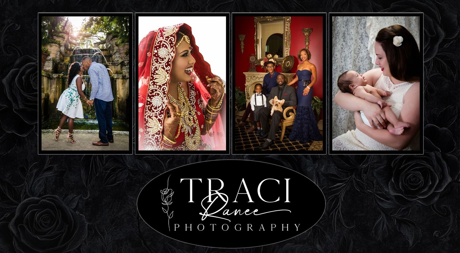 Photography business collage featuring lifestyle, wedding, and family portrait samples.