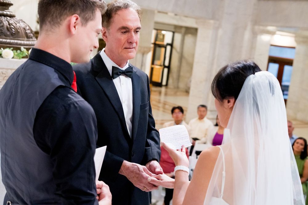 A sequence of intimate wedding moments captured between a couple in formal attire during their ceremony.