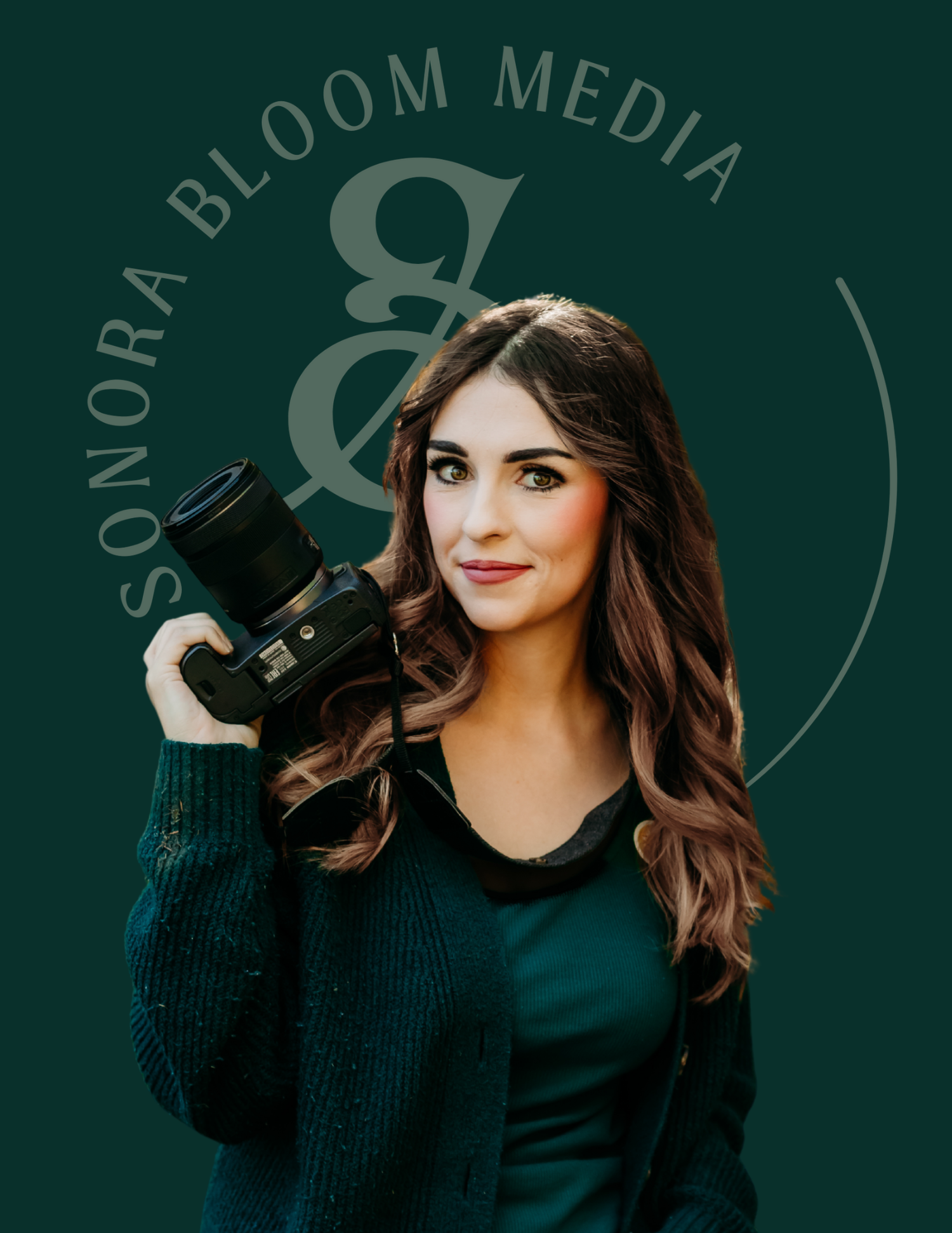 Professional photographer in a dark green sweater holding a camera against a teal branded background with logo elements.