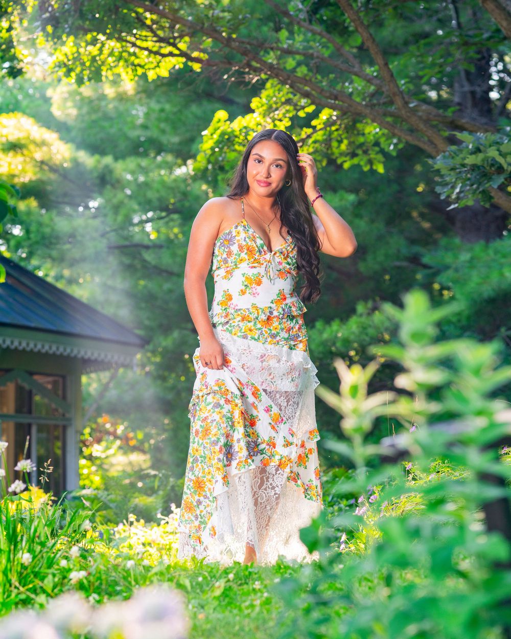 Senior photos at the Green Bay Botanical Gardens during sunset.