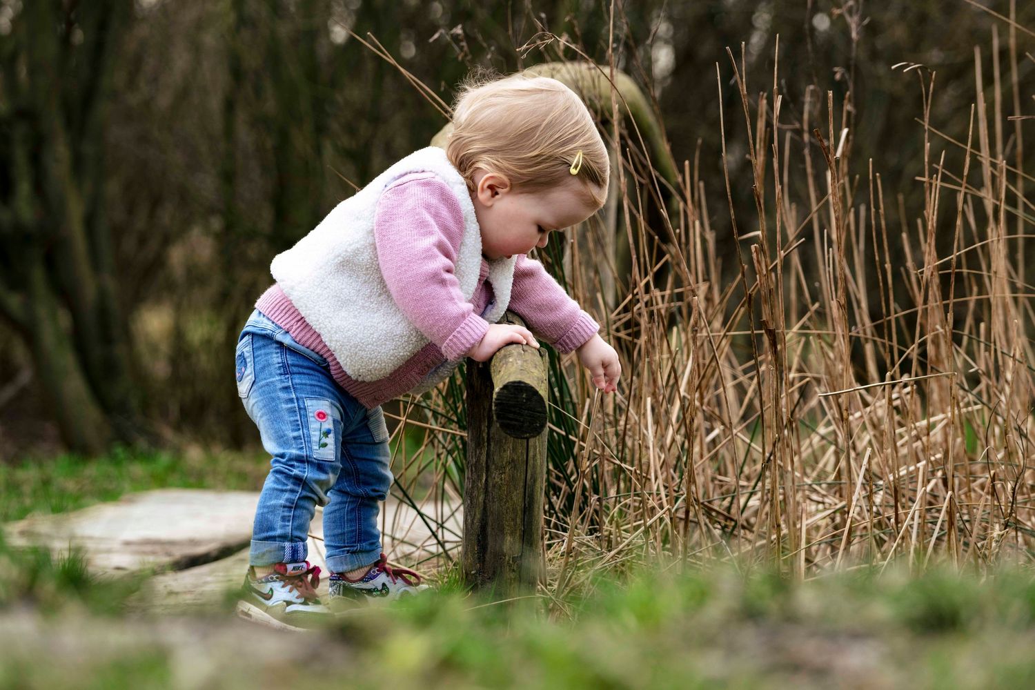 Young explorer in pink sweater curiously examining nature outdoors.