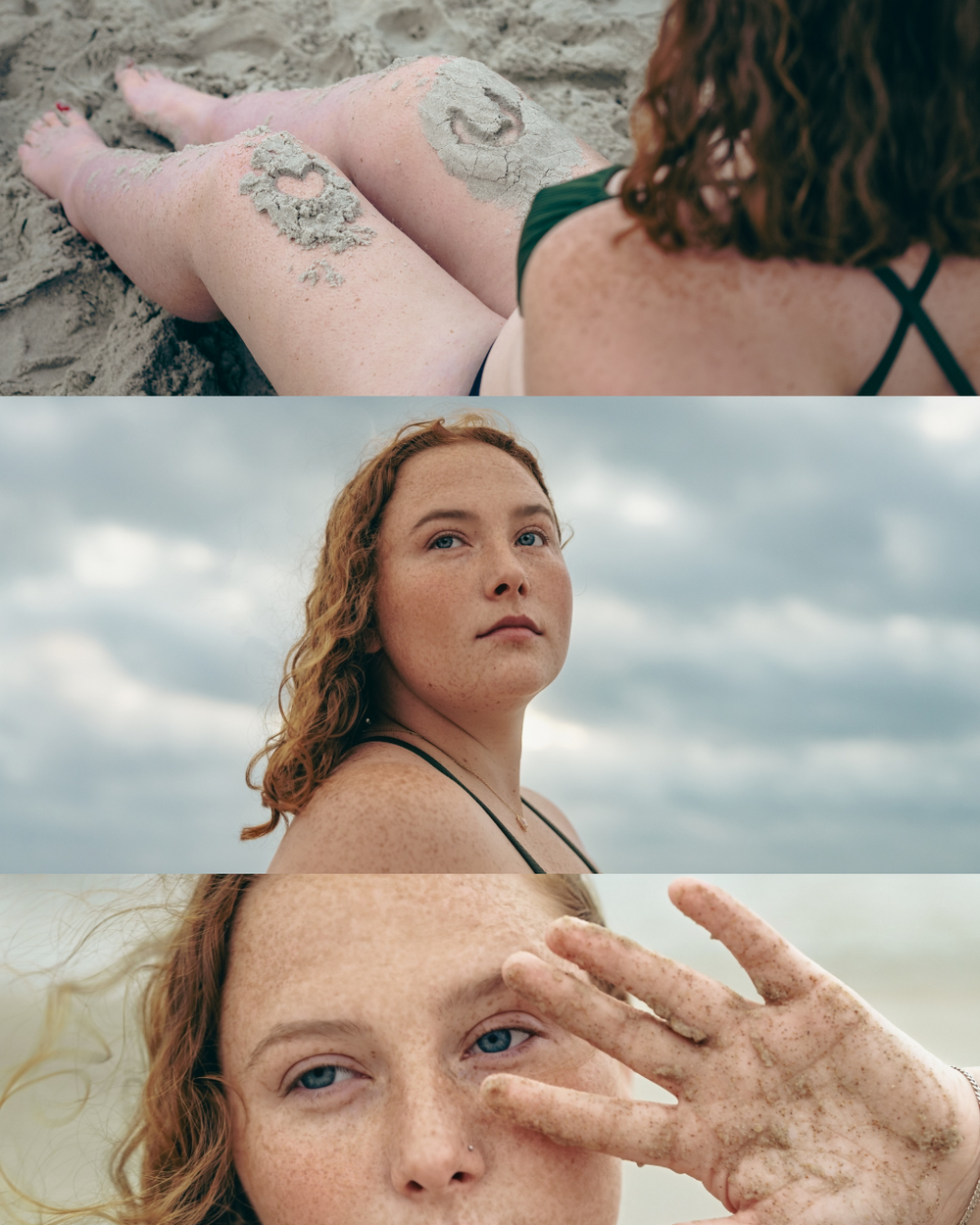 Three-panel portrait of redheaded woman with freckles at beach showing tattoos, face, and sandy hand.